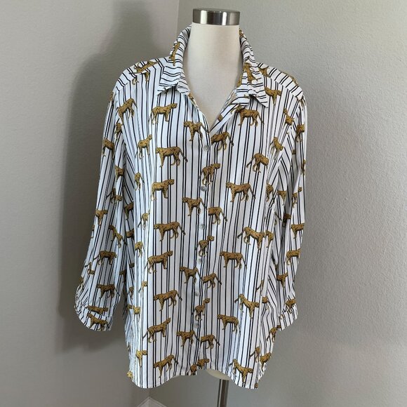 Jane + Delancey Womens Plus 2X Button Up Shirt Cheetah Print Blouse Long Sleeve - Picture 1 of 10
